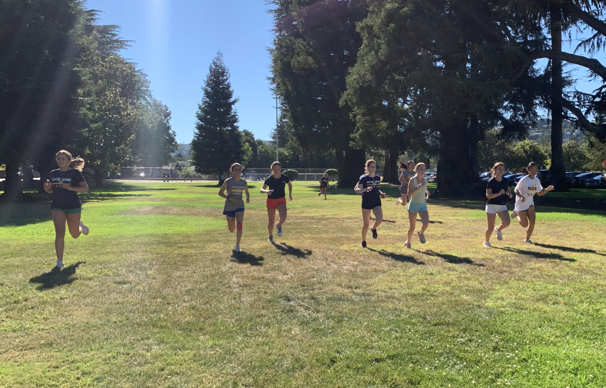 JV and Varsity Cross Country members run on the front lawn during practice.